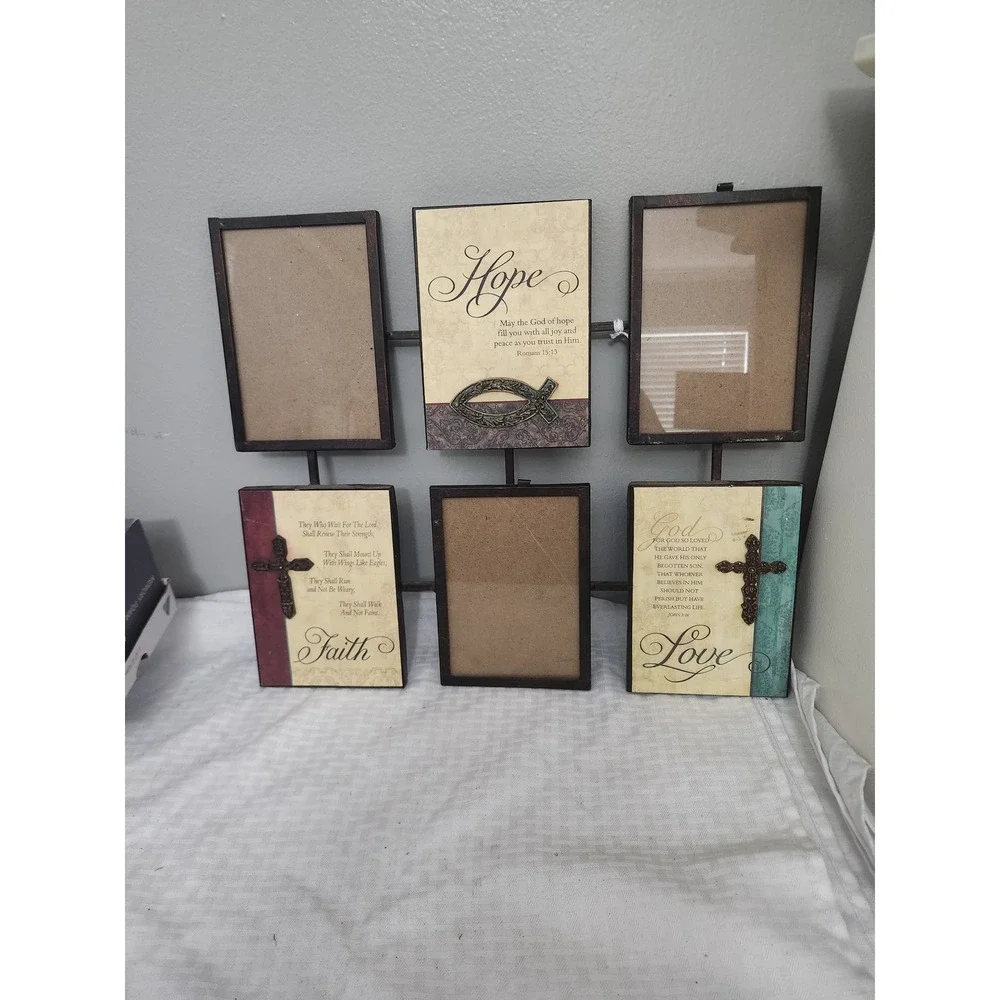 Religious Faith Hope Love Multi Photo Collage Wall Frame Metal Scripture Decor